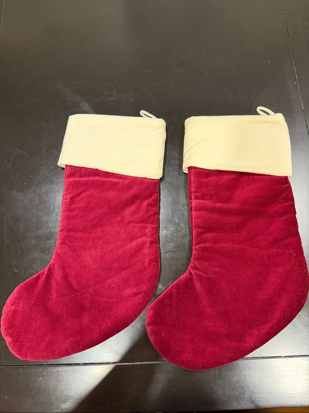 Mr & Mrs Velvet Christmas Stockings - Red with Cream Cuff
